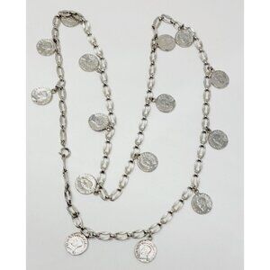 Vintage Silver tone Faux Roman Coins Long Rope style Necklace